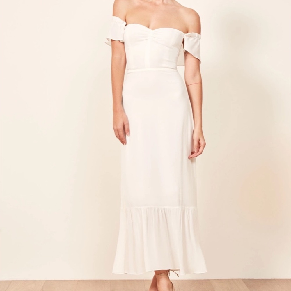 Reformation Off-Shoulder Cream Midi Dress